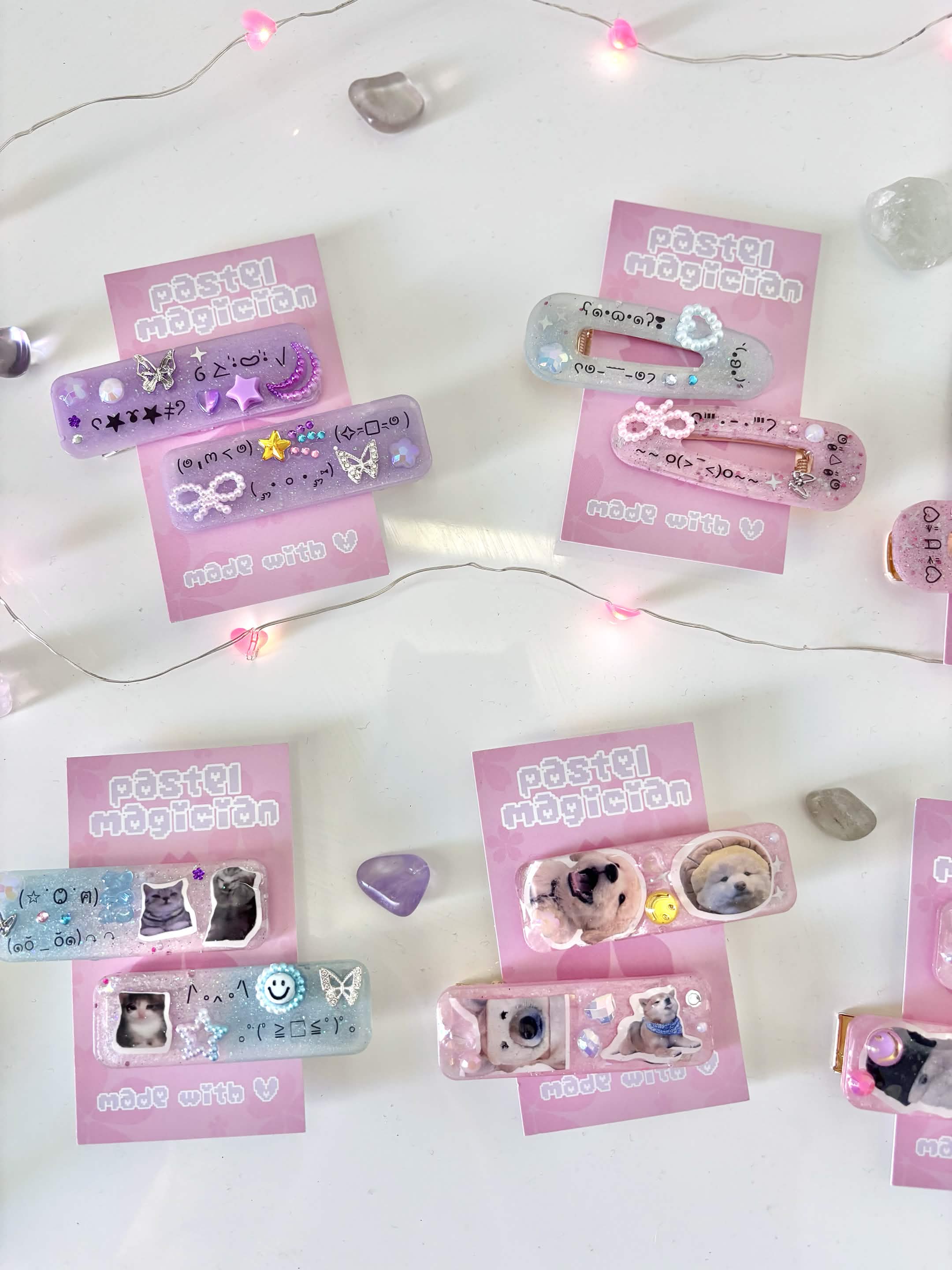 Pastel Magician handmade resin hair clips on pink backing cards